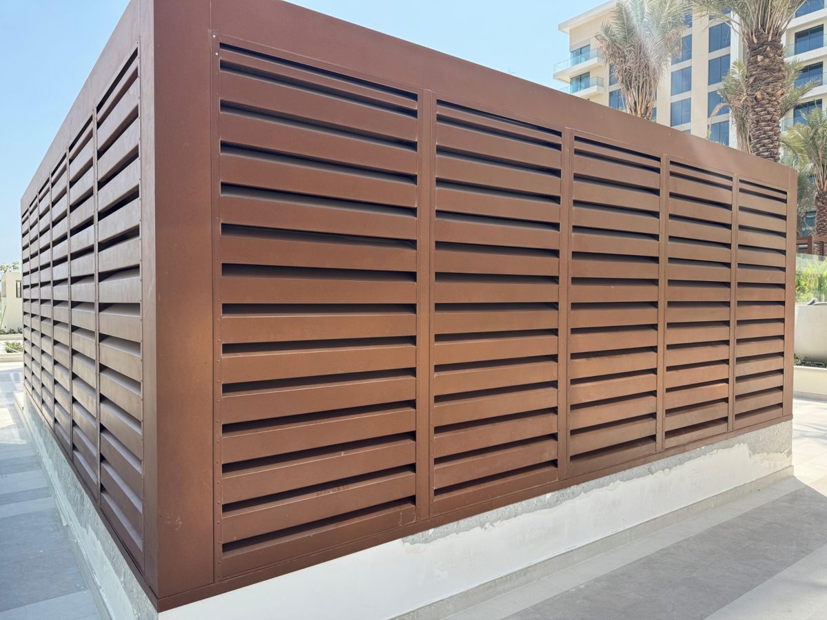 Brown external acoustic louvre installation